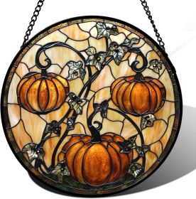 Stained Glass Window Hanging - Halloween Decoration Orange Pumpkin Vine Leaves Suncatcher for Door Garden Spooky Sun Catchers Gothic Decor Horror