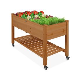 Outdoor Wood Raised Garden Bed Planter Box with Shelf and Locking Wheels (Color: Brown)