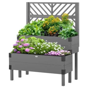 2 Tier Self Draining Grey Wood Raised Garden Bed Planter Box with Trellis (Color: Grey)