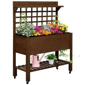 Raised Garden Bed with Wheels Trellis Storage Shelf Wooden Planter Box Dark (Color: Brown)