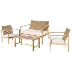 4 Pieces Metal Patio Furniture Set, Hand-Made Drawstring Outdoor Patio Conversation Sets Outside loveseat with Soft Cushion for Garden, Backyard (Main Color: Wood, Main Material: Iron)