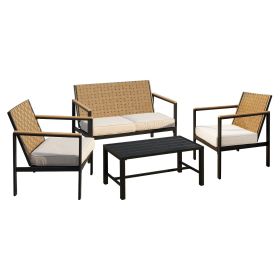 4 Pieces Metal Patio Furniture Set, Hand-Made Drawstring Outdoor Patio Conversation Sets Outside loveseat with Soft Cushion for Garden, Backyard (Main Color: Black + Dark Walnut, Main Material: Iron)