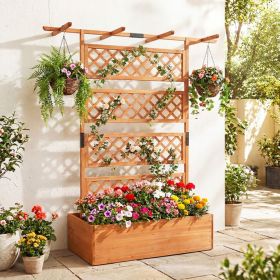 Wooden Planter Box with Lattice Trellis Raised Garden Bed Privacy Screen with Flat Roof (Color: Orange)